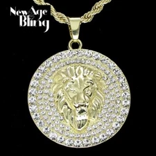 Mighty Lion Mens Iced Cz Round Pendant 24" Rope Chain 14k Gold Plated Hip Hop 