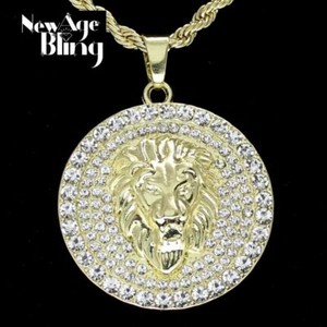 Authentic Mighty Lion Mens Iced Cz Round Pendant 24" Rope Chain 14k Gold Plated Hip Hop