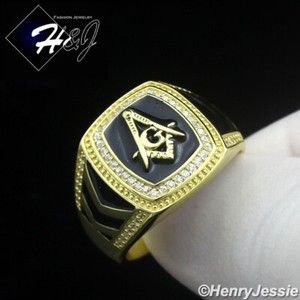 Authentic MEN 925 STERLING SILVER ICY CZ GOLD PLATED MASONIC MASTER MASON SQUARE RING*G214