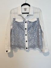 Chicos 100 Linen White and Blue Crochet Lace Detail Lightweight Jacket Size 2