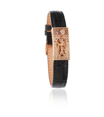 Armenian Khachkar 18k GOLD  w/ BLACK leather bracelet  POMEGRANATE by Yeprem NEW