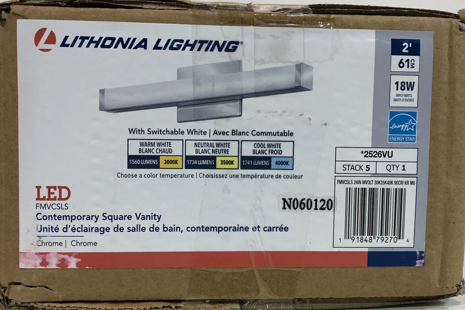 Iluminación Lithonia 21,5 pulgadas Luz de tocador LED cromada seleccionable temperatura de color nueva Foto 2 de 3