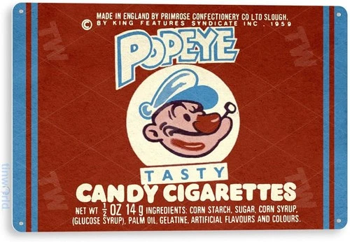 Tinworld Tin Sign: Popeye Candy Cigarettes Label Tin Metal Signs Vintage Retro K