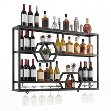 3-Tier Metal Wall Mounted Wine Rack Glass Holder 120 CM Floating Bar Shelves