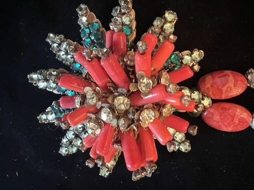 Miriam Haskell Vintage Floral Beaded Necklace Red Gold Green Statement Signed