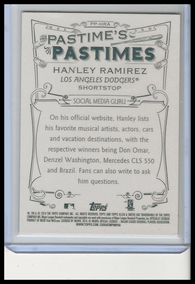 2014 Topps Allen & Ginter #PP-HRA Hanley Ramirez Pastime's Pastimes - Image 2 of 2
