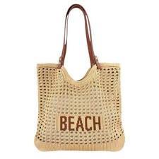 Women's Woven Beach Tote Purse - Cream/Light Brown Crochet Bag with Faux Leat...