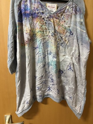 Tredy Shirt In Bleu Gr 48 mit Perlen und Strasssteinen Asymmetrischer Schnitt
