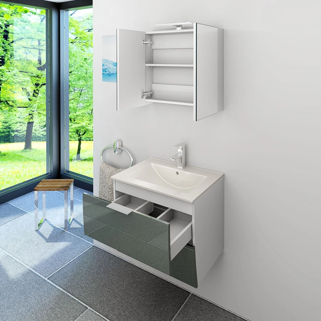 AcquaVapore Badmöbel Set Gently 2 V1 Weiß/Grau MDF Waschtisch 60cm