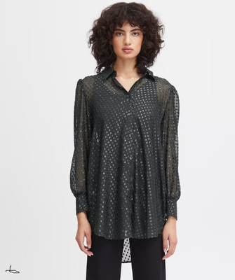 Ichi Size Shirt Long Sleeve Blouse Semi Sheer Fleck Black QVC New Size 10