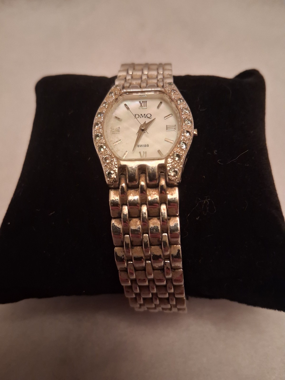 DMQ Gorgeous Mother of Pearl Watch RARE FIND Vintage DMQ Swiss Watch: Mother of Pearl, Crystal Bezel  main image 2