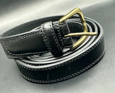 Vintage Black Genuine Latigo Leather Classic Belt Solid Brass Sz 58 USA Made
