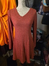 Automet Womens Rust Orange Ribbed Long Sleeve V-Neck Knit Dress Medium 60% Polye