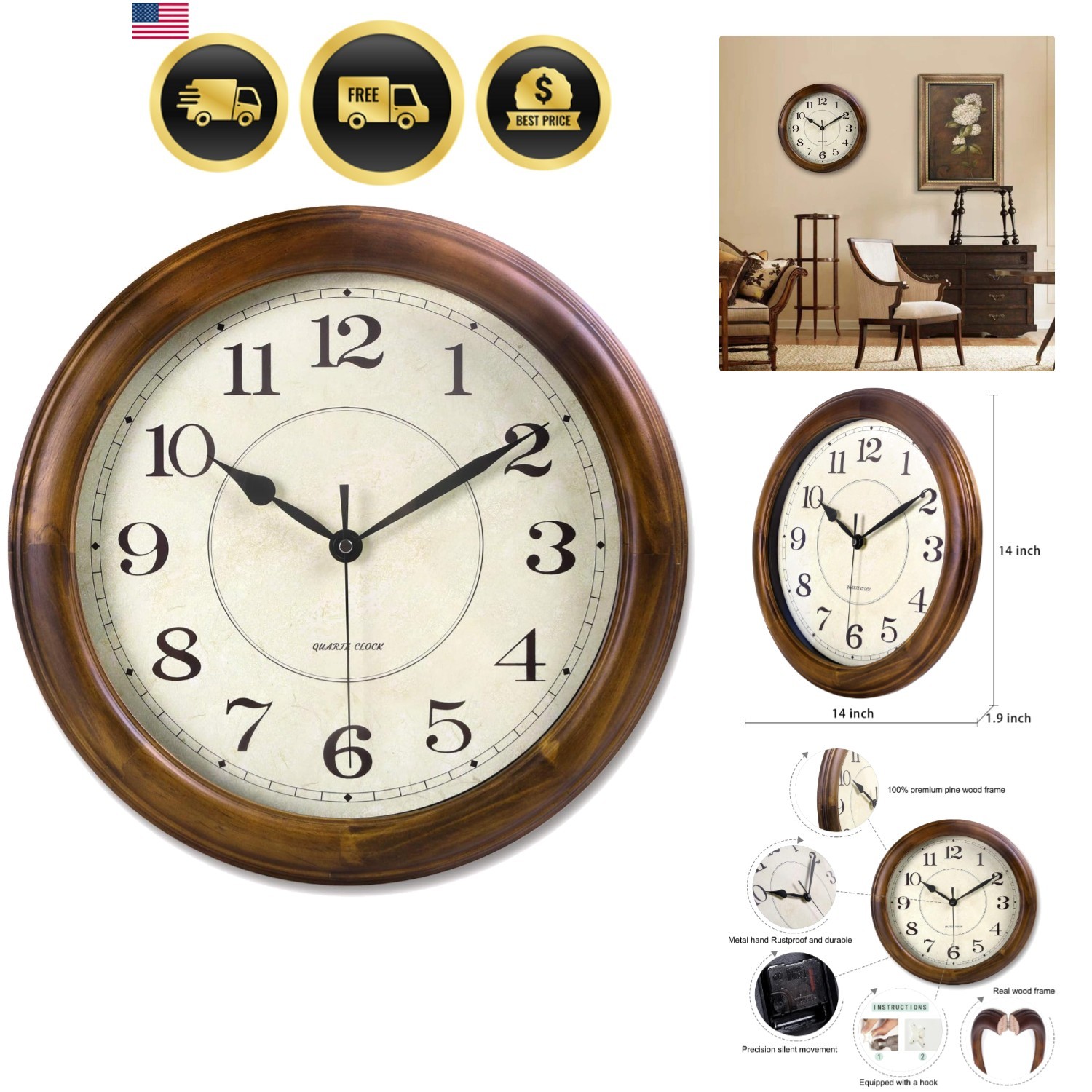 Wall Clock Wood 14 Inch Silent Wall Clocks Large Decorative Battery Operated ...