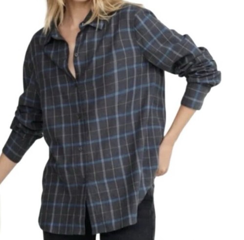 Jenni Kayne Boyfriend Classic Flannel Shirt Womens Small Gray Plaid 100% Cotton
