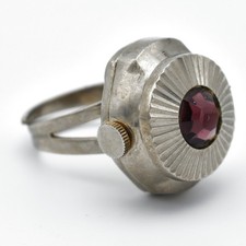 Vintage Grovana Cocktail Watch Ring 17 Jewel Swiss Amethyst Glass Adjustable