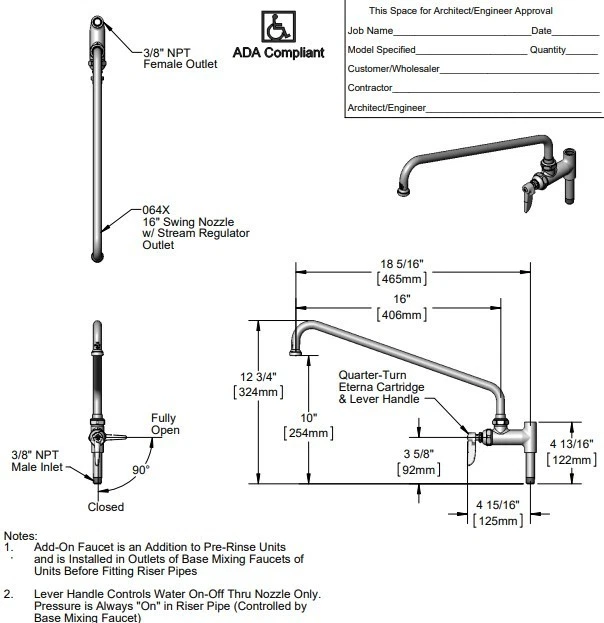 Torneira T&S latão B-0155-064X Add On 16" 1/4 volta para pré-enxágue - Imagem 4 de 4