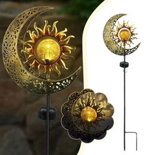2 Pack Sun Moon Crackle Glass Globe Metal Stake Solar Light Garden Outdoor Decor