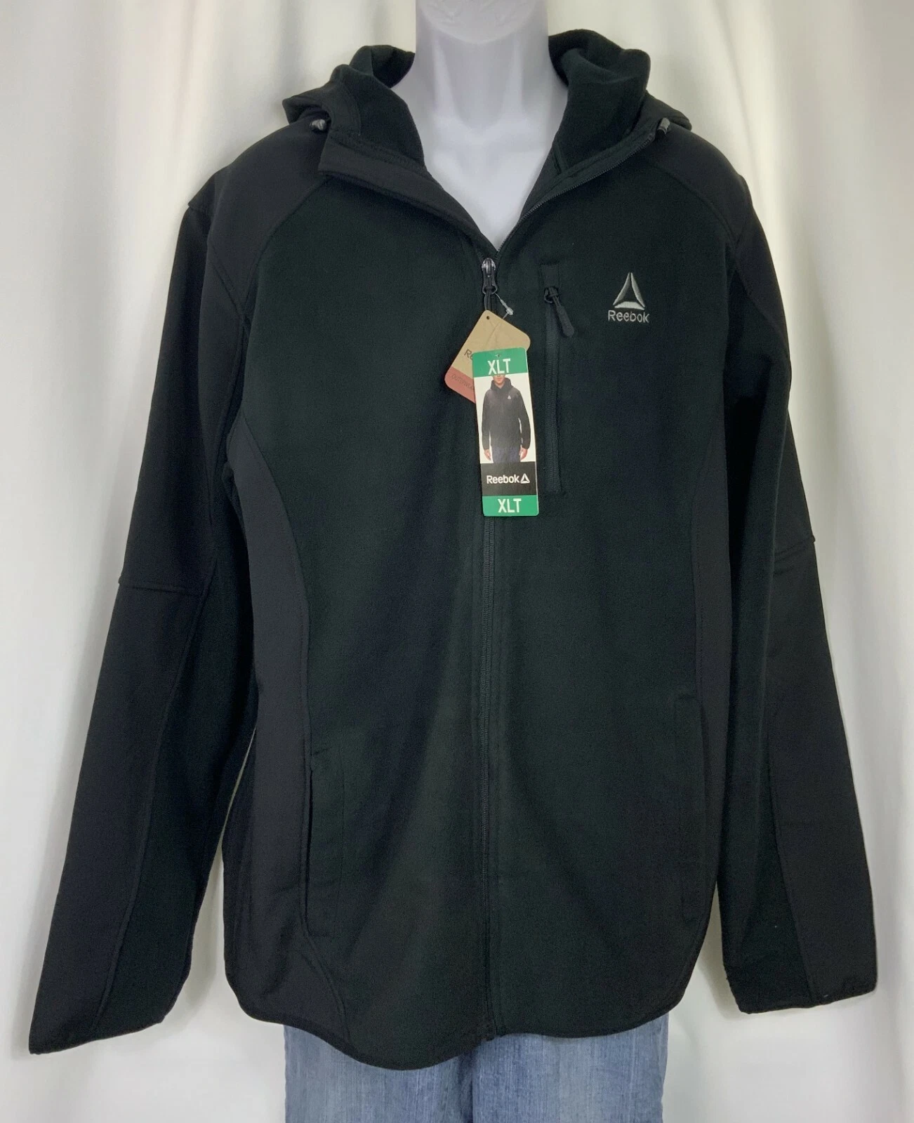 REEBOK Mens Size XLT Black Fleece Soft Shell Full Zip Hooded Mixed Media JACKET