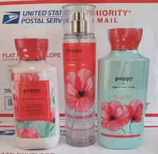 Bath & Body Works Poppy Fragrance Body Mist, Lotion, shower Gel 8 fl oz Set NEW