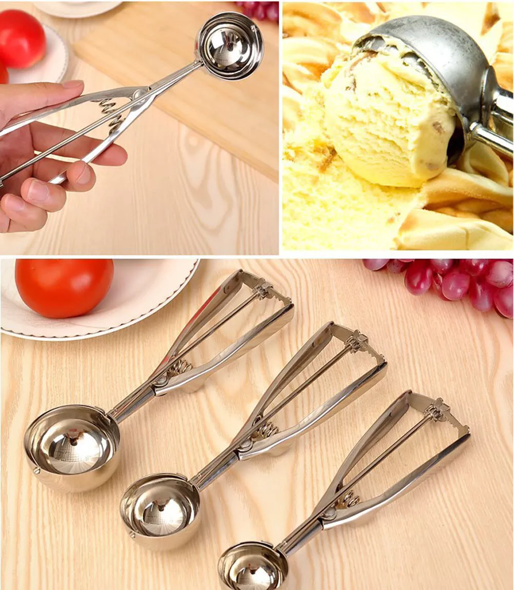 3 Size Stainless Steel Ice Cream Scoop Spoon Spring Handle Cookie