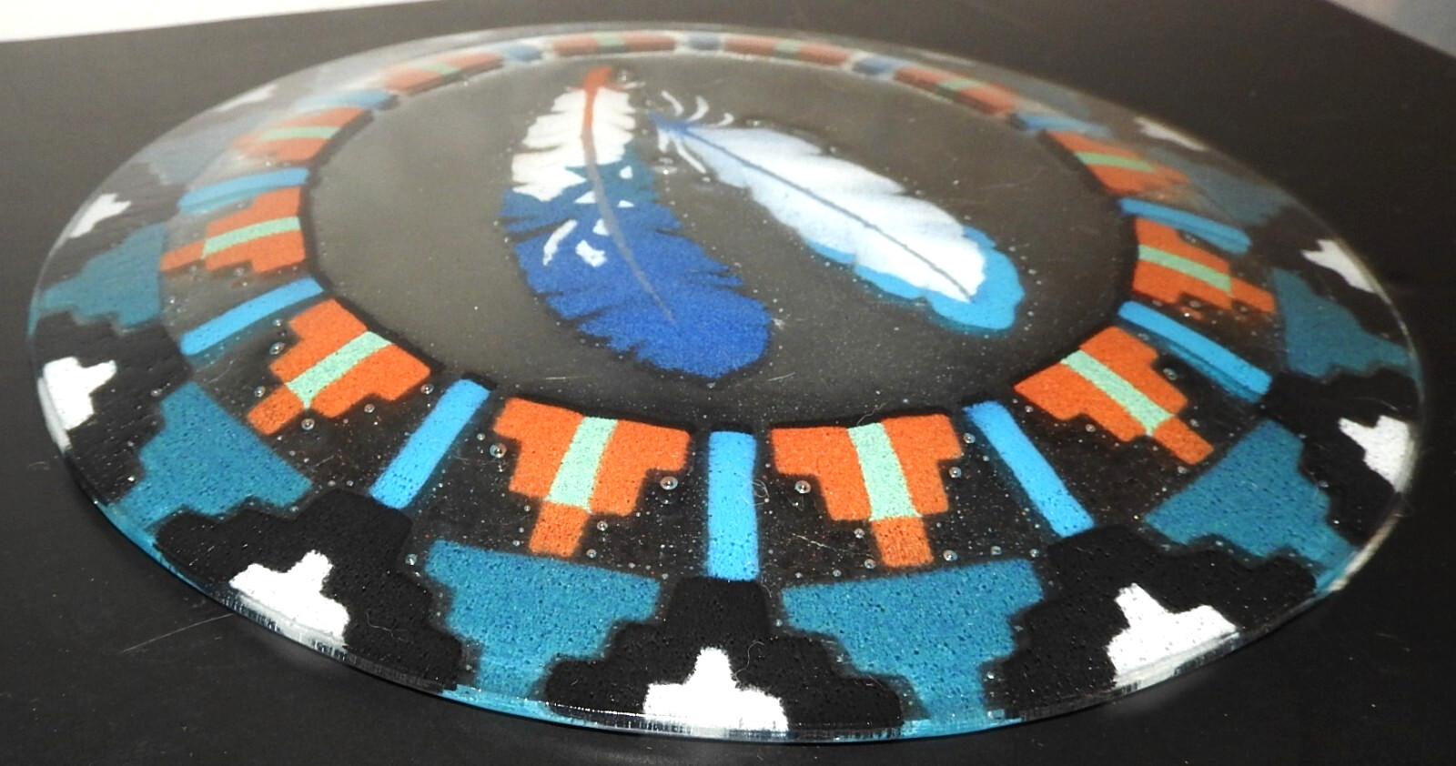 Vintage Fireglass Studio Handmade Fused Art Glass Feather Plate Signed/Dated '99