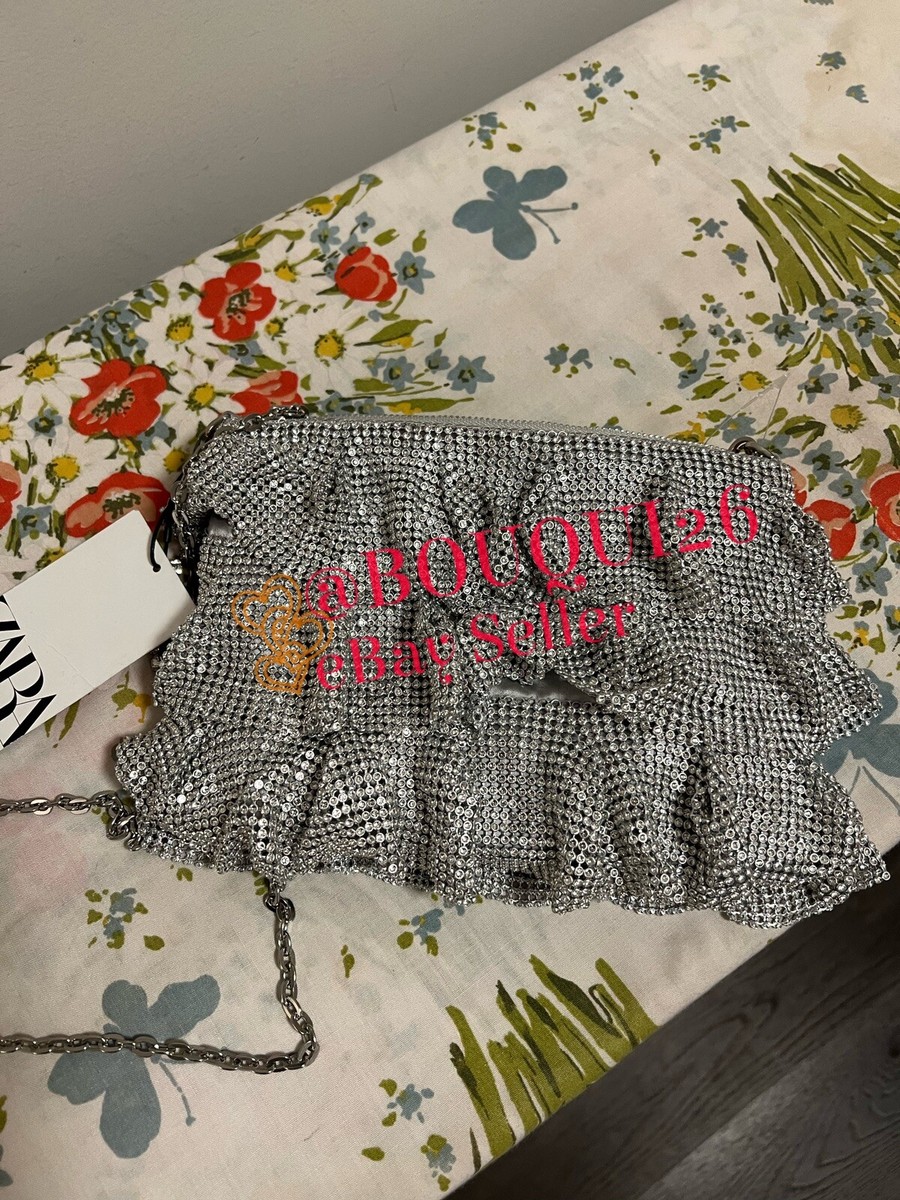 ZARA NEW WOMAN SS23 SILVER MESH CROSSBODY BAG WITH RUFFLES