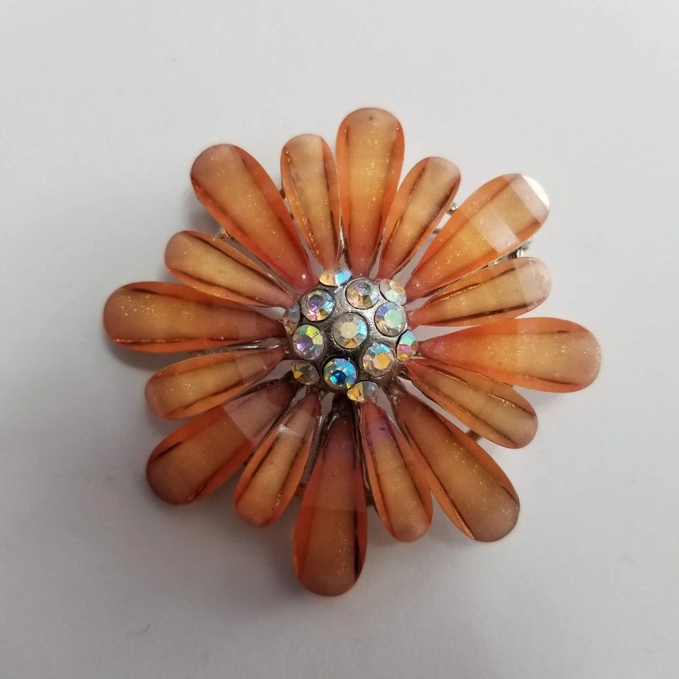 Vintage Robert Rose Flower Rhinestone Brooch Pin Aurora Borealis - Image 2 of 4