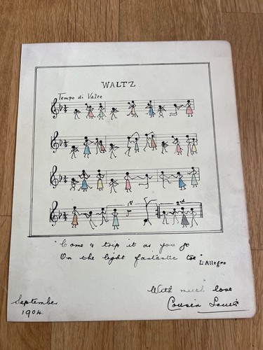 1904 pen and ink drawing ! waltz - music notes with people