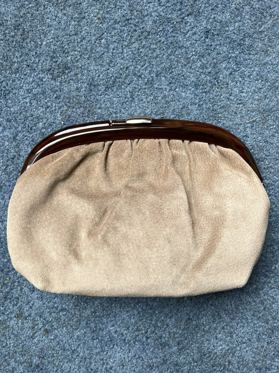 Reghi Ruth E Saltz Tan Suede Leather Tortoiseshell Lucite Frame Clutch Bag Italy