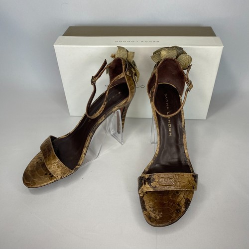 VTG Y2K Sacha London Heels Womens 9 Brown Leather Croc Embossed Strappy Sandals