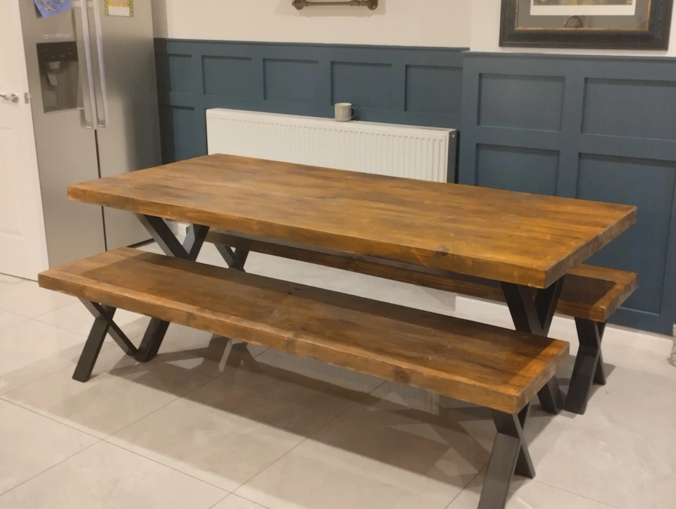 Solid Wood Chunky Rustic Dining Table & Benches - Image 4 of 4