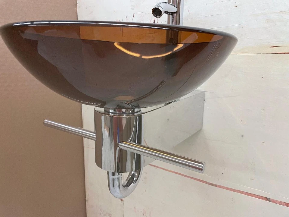 LV-002Bwn Flotante Pequeño Baño Tocador Vidrio Marrón Oscuro Recipiente Fregadero Pedestal Foto 3 de 4