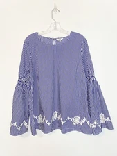 Crown & Ivy Women's Blue & White Striped Cotton Blouse Size Large