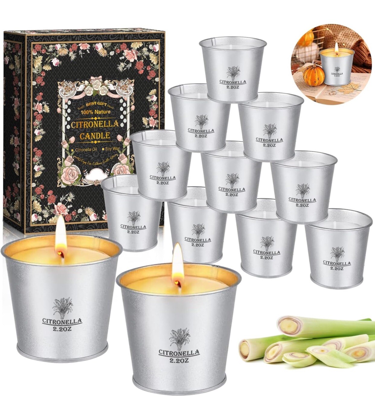 Candele Citronella Esterno Set, 12x2.2oz Citronella Candele per Esterno,Candela