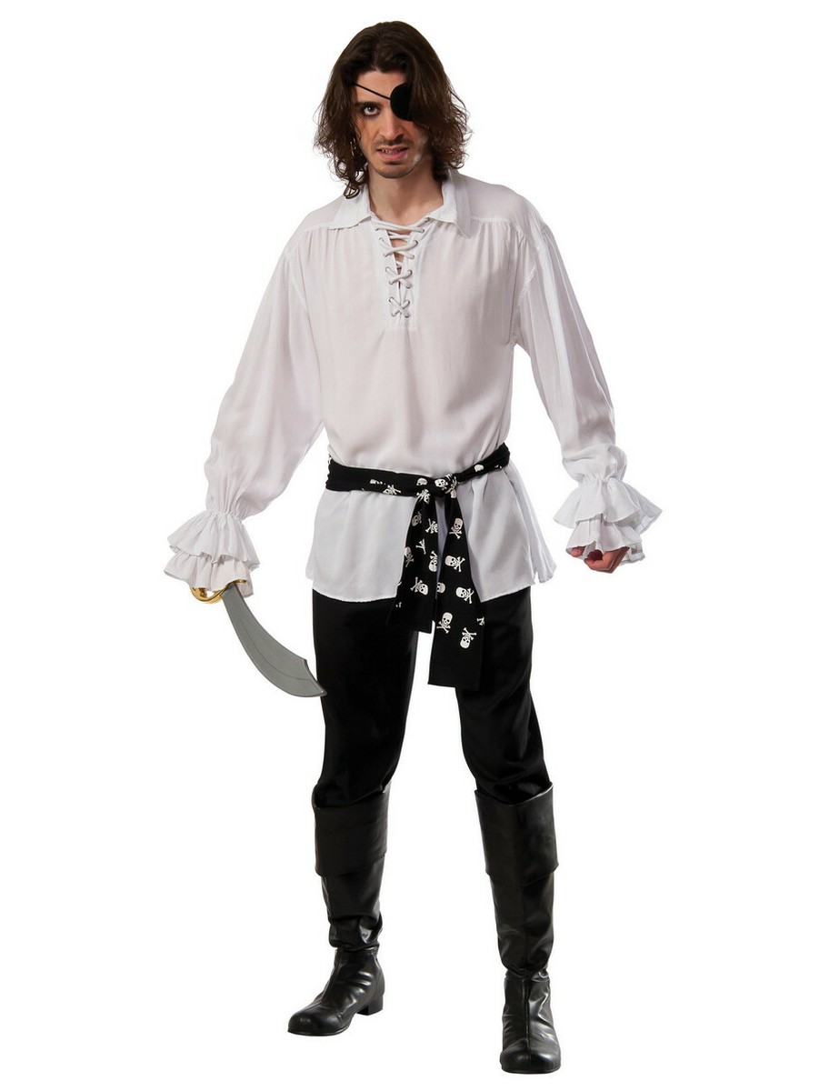 Pirate Shirt 2Pc Wht Collared V-Neck Grommet Cord Ruffled Sleeve Costume  Shirt