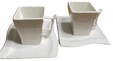 MALACASA Flora White Porcelain Coffee Cup w/Saucer Square Wavy Embossed Rim Pair