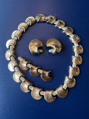 Vintage Crown Trifari Alfred Phillipe Comet Necklace & Earrings Rhinestone c1940