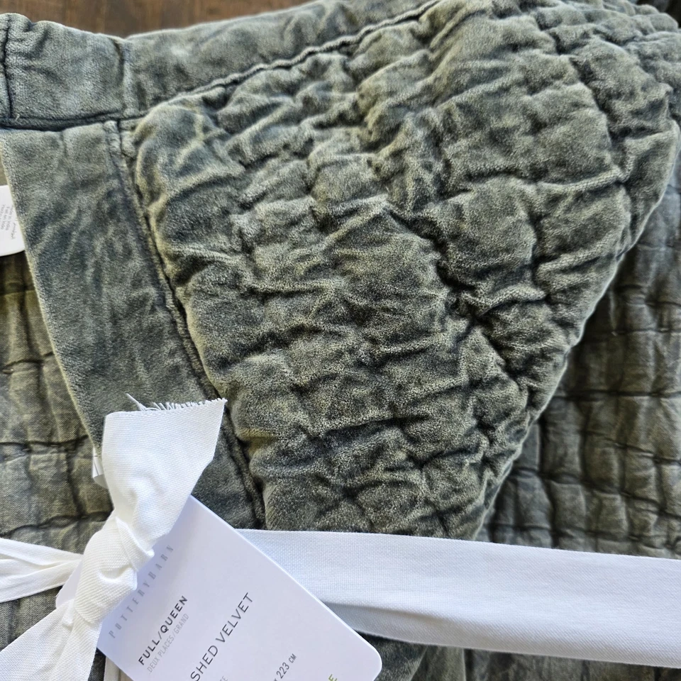 Edredón artesanal de terciopelo lavado Pottery Barn completo Queen Loden verde nuevo Foto 2 de 4