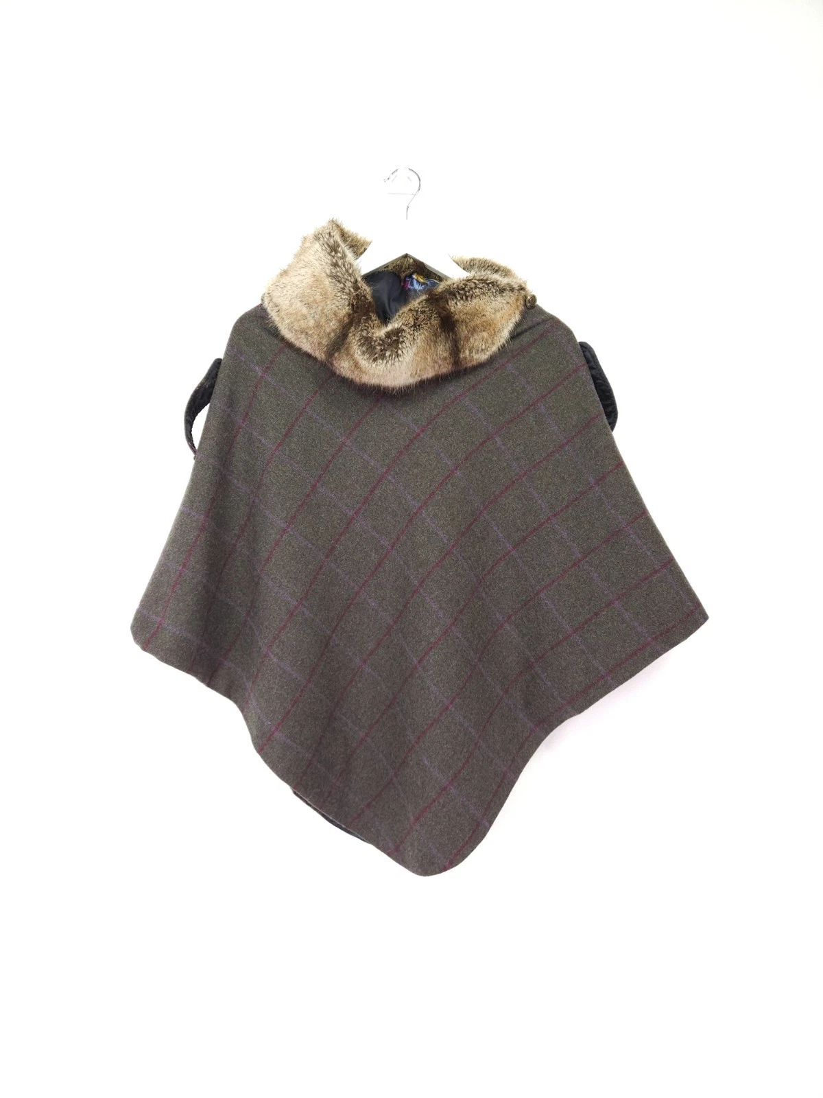 Joules Cape Poncho One Size Brown Check Tweed Hazelwood Check Faux Fur Collar