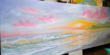 Art 12"/36" Colorful sunset.  Original oil painting. Beach waves 