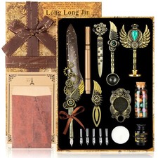 Quill Pen Ink Set with Seal Stamp - Feather Calligraphy Pen and Ink Set, Wax ...