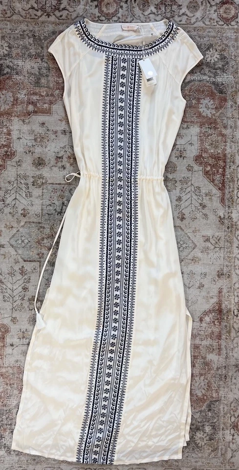 Maxi Vestido Tory Burch Seda Bordado Cintura Ajustada Corbata Sin Mangas Cambio Talla L Foto 2 de 4