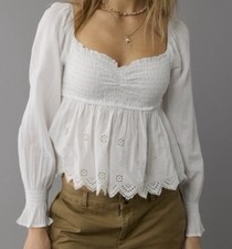 NEW American Eagle M Square Neck Smocked Baby Doll Blouse White Eyelet