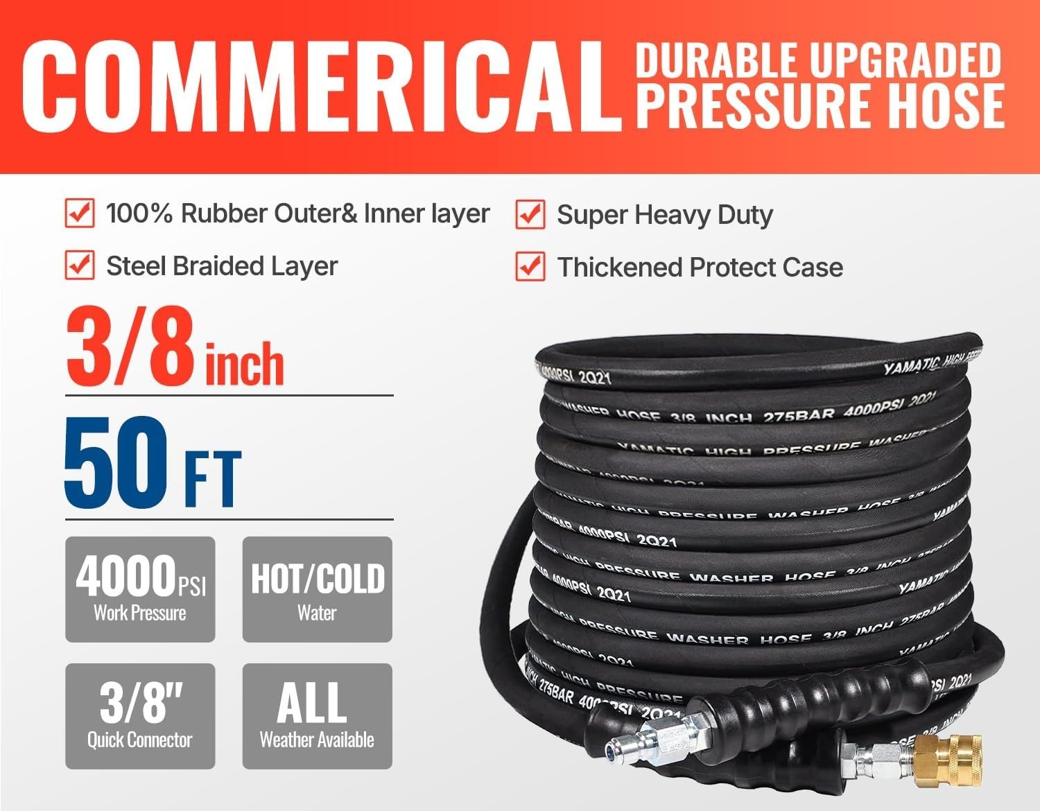 YAMATIC 4000 PSI Pressure Washer Hose 3/8" ID Anti-Kink Flexible for Hot Water