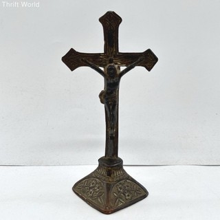 Vintage Cast Metal Altar Crucifix on Stand Floral Base Victorian Style 6 Inch
