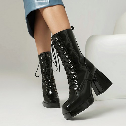 Women's Square Toe Ankle Boots Platform Chunky Heel Lace Up Fashion Dress Shoes - Picture 8 of 16