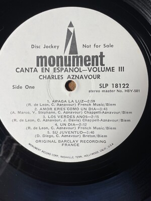 Charles Aznavour Canta En Español Vol  3 LP Record PROMO SLP18122 1969 No Cover