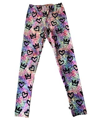 Pixie Lane Girls Hi Shine Crowns & Hearts Star Print Leggings Size 11-12