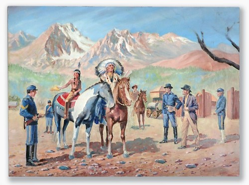 Rare Oil Painting - "Native Americans Arrive at a Military Fort in Wyoming" - Picture 5 of 20